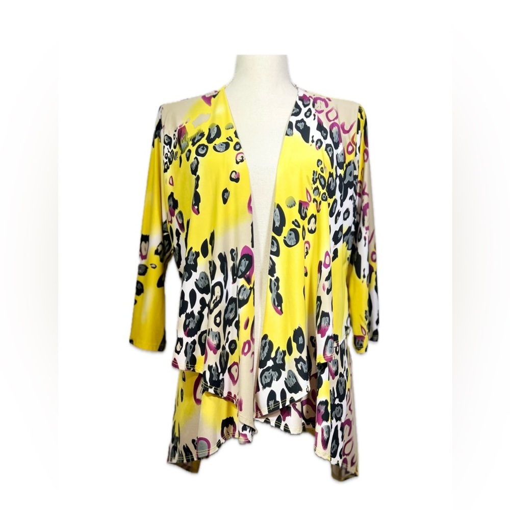 Caribe Leopard Print Drape Jacket Large Layered Animal 3/4 Sleeve Boho Chic